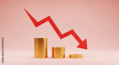 Golden coin stacks placed below descending red trend arrow indicating economic decline and reduced interest rate for financial.