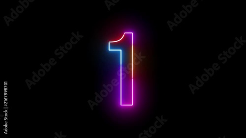 Colorful Neon Glow Number One Animation on Black Background, Bright Digital Countdown and Numeric Motion Graphic Element