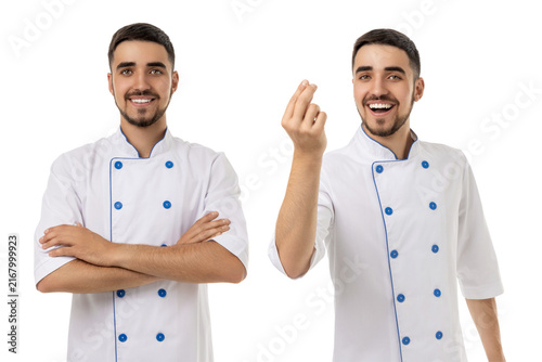 Young man in chef coat showing food gesture with smile, PNG