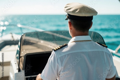 Man in captain uniform steers boat on blue ocean water. Nautical skipper navigates vessel at sea during sunny day. Maritime journey with skilled boatman on cruiser deck.