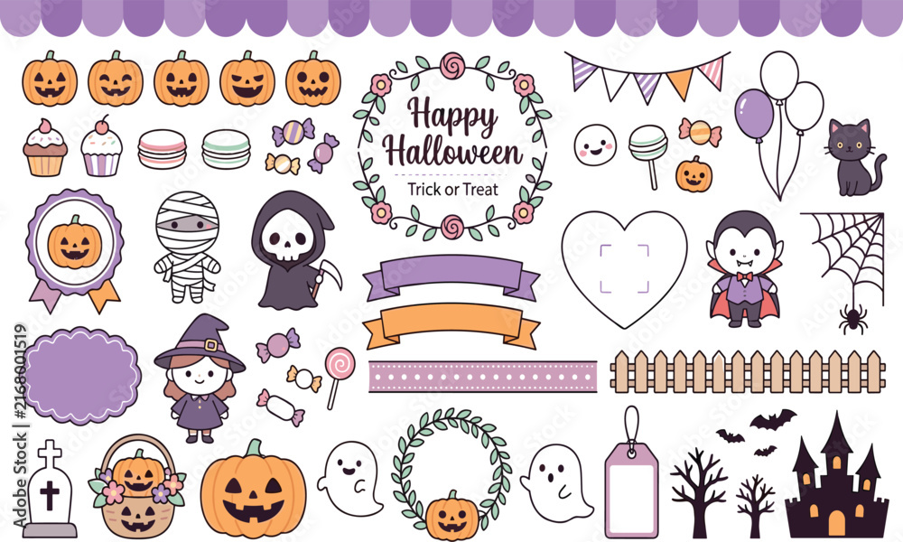 Obraz premium Cute Halloween Sticker Set with Pumpkins, Witch, Vampire, Ghost, Mummy, Cat and Floral Wreath Frame Illustration Collection