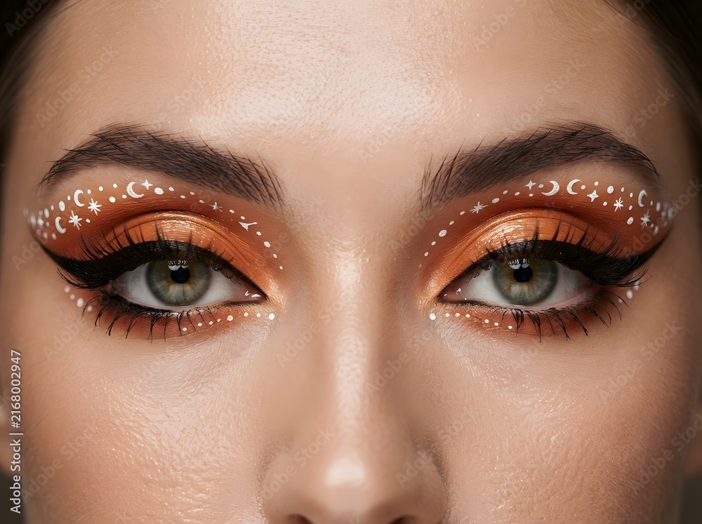 Naklejka premium Close up of woman eyes with bright gold glitter makeup and dark eyeliner style