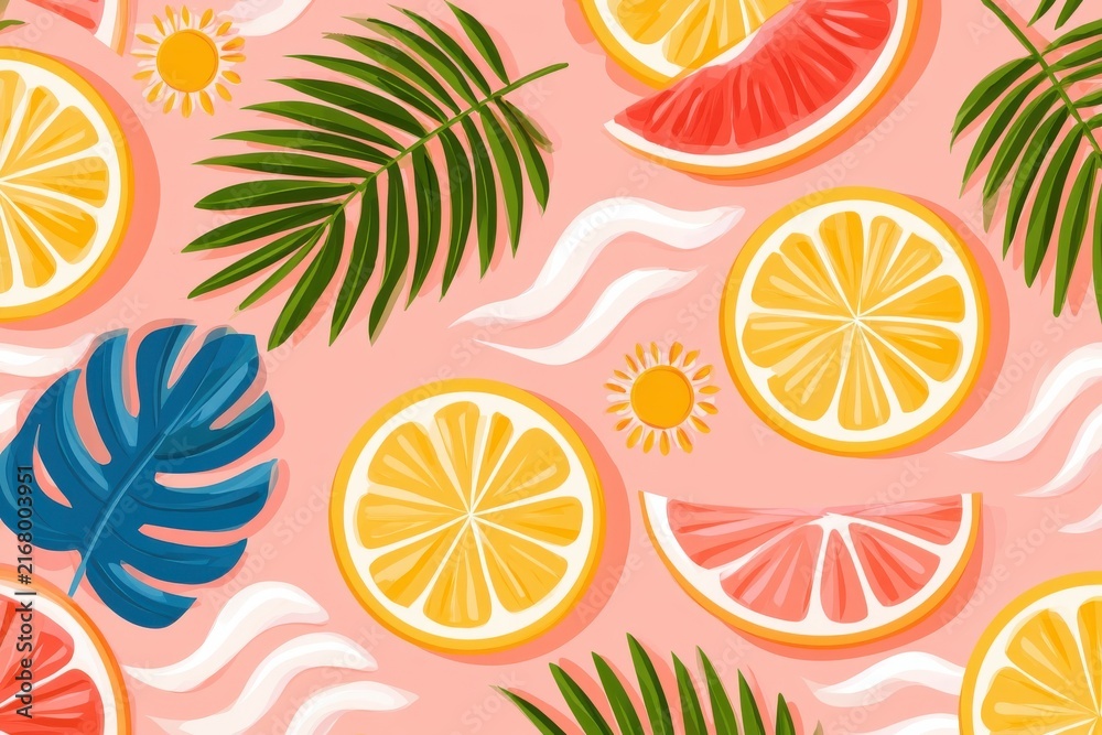 Summer citrus and palm leaves seamless pattern with sun and waves on pink background