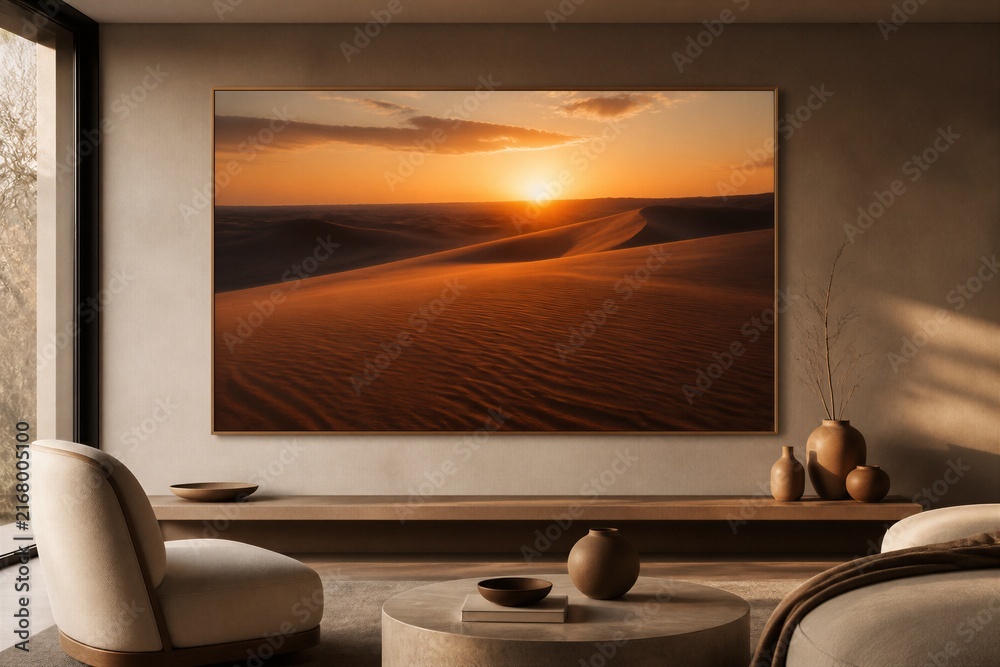 Fototapeta premium Warm desert sun sets over golden dunes. Cozy room features minimalist furniture. Soft light casts gentle shadows across walls. Modern decor blends nature with comfort