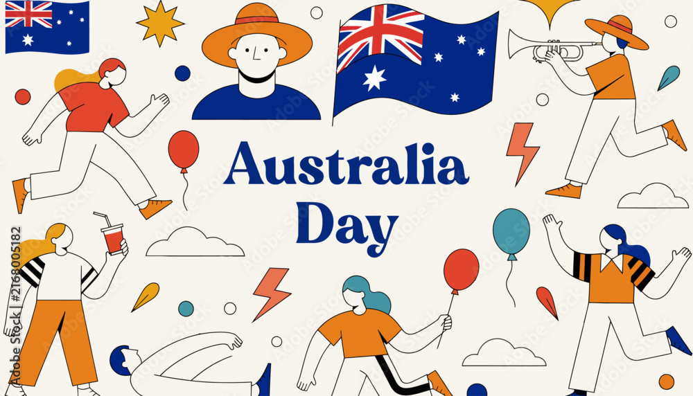 Fototapeta premium Australia Day Celebration: Diverse People, Australian Flags, Festive Icons, Fun Activities on Cream Background