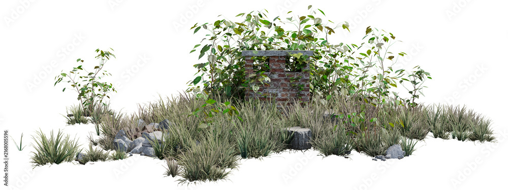 Naklejka premium 3D render of old brick chimney ruins overgrown with green plants and dry grass isolated on PNG transparent background, ideal architectural cutout asset.