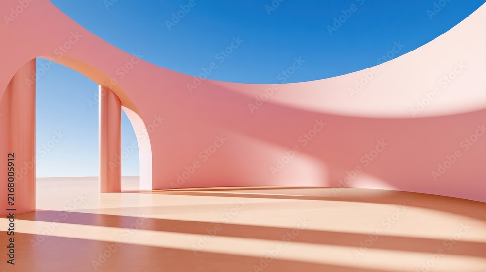 Naklejka premium Soft pastel 3d architectural scene with arches and columns under blue sky
