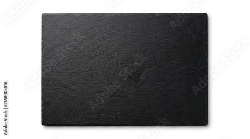 Top view of a rectangular black slate serving board isolated on white background