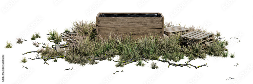 Fototapeta premium 3D render of wooden raised planter box with pallets in overgrown grass isolated on PNG transparent background, ideal garden asset cutout.