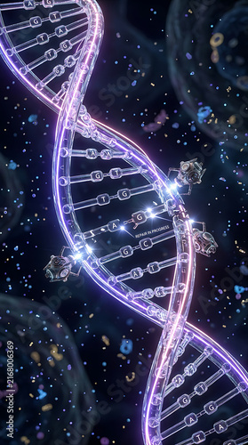 Glowing DNA helix structure with molecular structures in cosmic nebula science concept