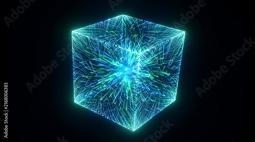 Glowing energy cube with light particles radiating outwards during a digital phenomenon