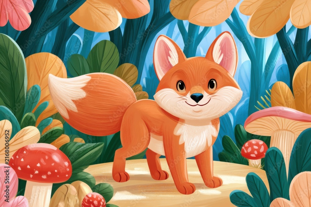 Fototapeta premium Stylish childrens book illustration of cute fox walking in magical forest with colorful leaves and mushrooms