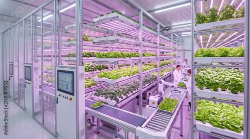 Futuristic indoor automated vertical farm with lettuce growing under led lights