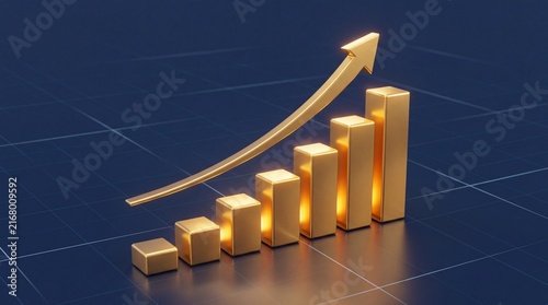 Minimalist 3D financial growth bars and arrow on blue digital grid background