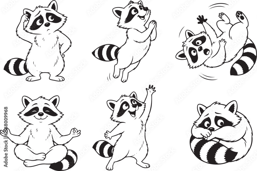 Obraz premium A set of raccoons. Hand drawn vector illustration