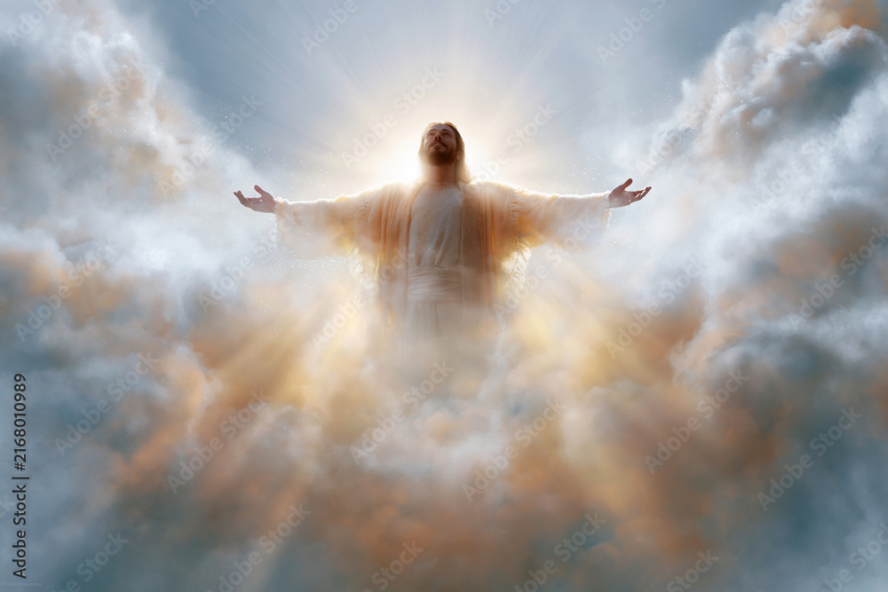 Fototapeta premium Divine figure radiates light from clouds above. Outstretched arms convey grace and welcome. Golden glow surrounds celestial being. Clouds swirl softly in divine atmosphere. Emotion radiates peace