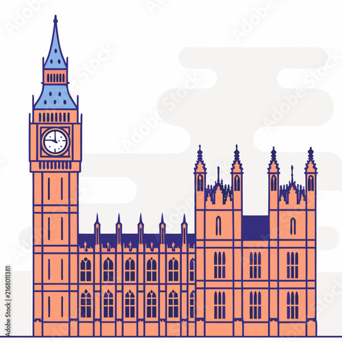 Parliament building shows iconic clock tower architecture in a colorful graphic style.