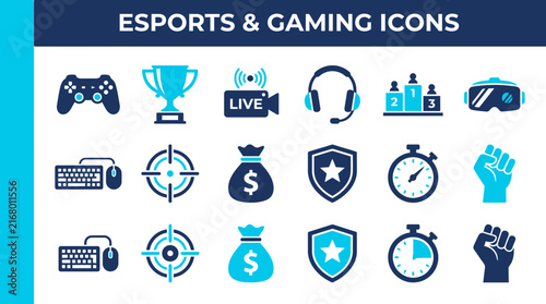 Esports and gaming icon set featuring controllers, trophies, headsets and VR gear.