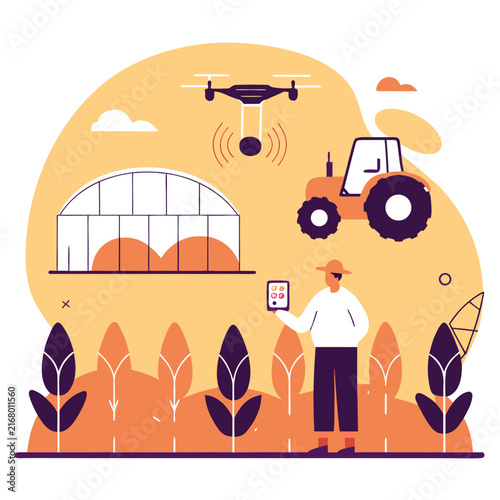 Farmer uses a tablet to monitor agricultural drones and equipment in the field.