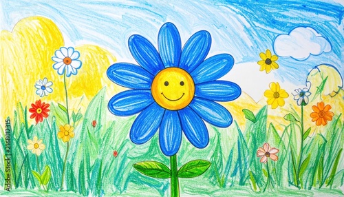 Hand-drawn blue daisy flower with smiley face in crayon style, playful handmade illustration, cheerful children art background