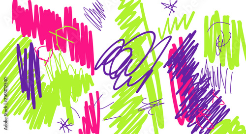 Abstract scribble pattern with pink, purple and lime green on white background