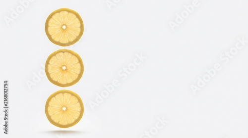 Vertical stack of three fresh yellow citrus lemon fruit slices isolated on a clean minimalist white studio background with soft natural shadow