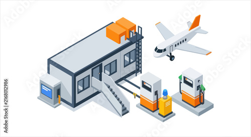 Isometric Airport Terminal Building with Airplane and Fuel Pumps.