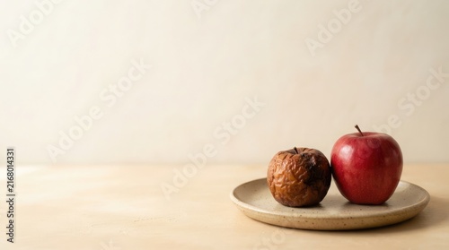 A contrast between a fresh red apple and a shriveled rotten apple on a ceramic plate representing aging decay and the passage of time concept