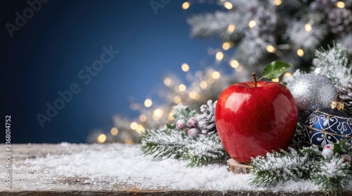 Vibrant red apple resting on a rustic snowy wooden surface surrounded by festive evergreen pine branches and sparkling holiday ornaments for winter