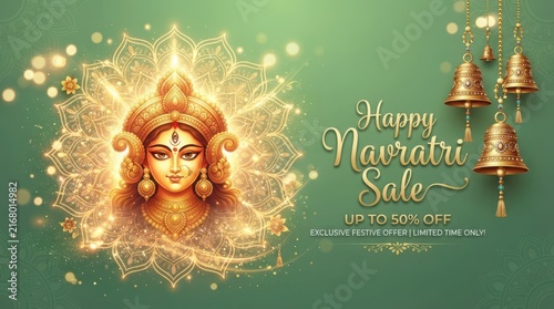 Goddess Durga portrait with golden mandala for Navratri festive sale