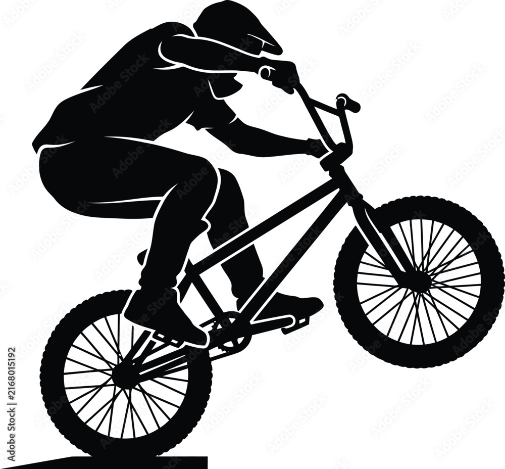 Fototapeta premium Dynamic silhouette artwork of a BMX rider executing an extreme trick on a bicycle, concept for extreme sports, youth culture branding, poster design and active lifestyle promotion