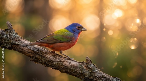 Vibrant Painted Bunting Songbird Perched Gracefully on a Rustic Tree Branch During a Warm Golden Hour Sunset in a Lush Forest Wilderness