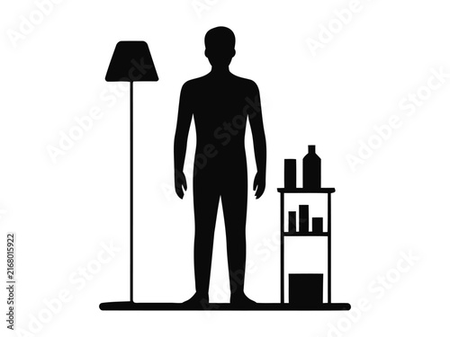 Man Standing Next to Floor Lamp and Shelf Silhouette Vector Illustration