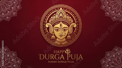 Elegant golden Durga face emblem on deep red background for festival