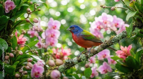 Vibrant Painted Bunting Bird Perched Gracefully on a Mossy Tree Branch Surrounded by Delicate Pink Orchid Flowers in a Lush Tropical Forest Garden