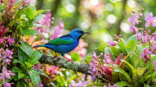Vibrant Shimmering Blue Dacnis Bird Perched Elegantly on a Mossy Branch Amidst Lush Tropical Pink Flowers in a Wild Sunny Forest Habitat