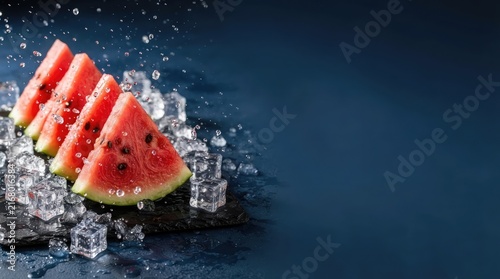Fresh juicy watermelon slices arranged neatly on a dark stone surface surrounded by clear sparkling ice cubes with refreshing water splashes