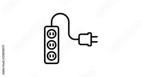 Power strip with connected plug black line icon on white background