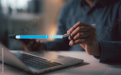 AI Search Technology for Intelligent Mobile Information Retrieval, Business productivity, advanced search Innovation. AI assistants represent smart technology, artificial intelligence innovation.