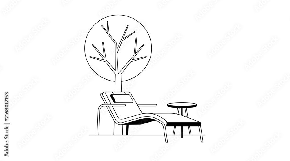 Fototapeta premium Minimalist line art of a chaise lounge chair and side table under a stylized tree, isolated on white.