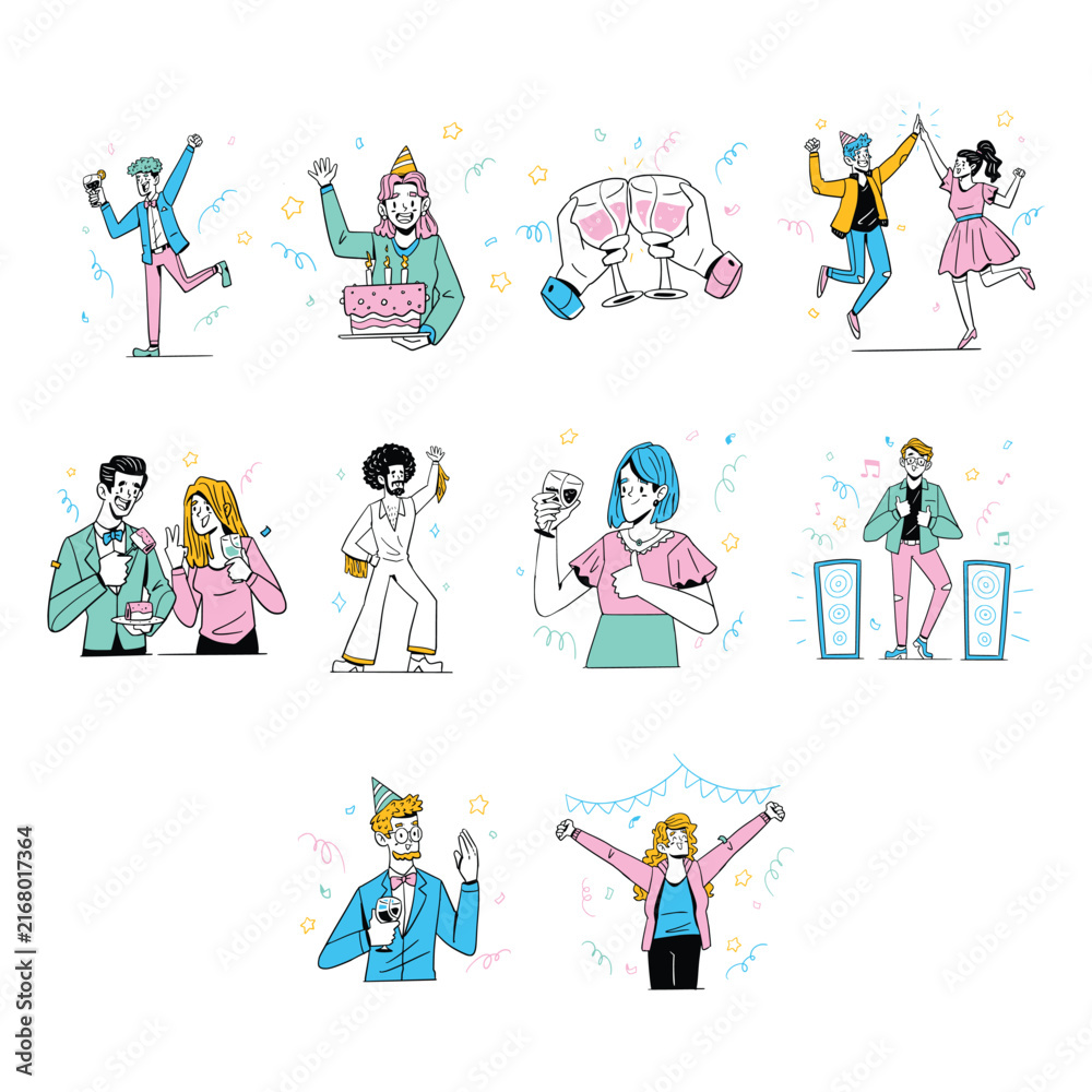 Fototapeta premium Happy People Party Celebration and Birthday Illustration Set