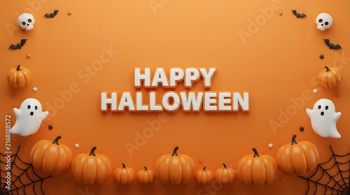 Happy halloween banner with ghosts skulls and pumpkins on an orange festive background