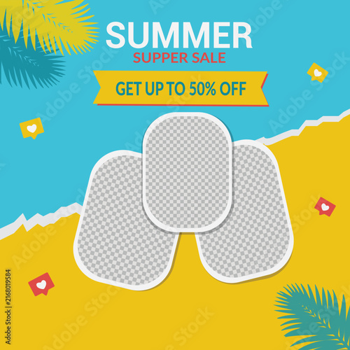 Vibrant summer sale social media post template with palm leaves and photo collage frames