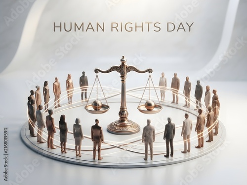 Group of diverse people standing in a circle around a scale of justice for human rights day