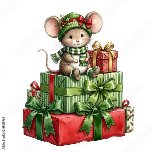 Cute christmas mouse wearing green hat and scarf sitting on a stack of wrapped holiday presents with christmas presents celebration decoration
