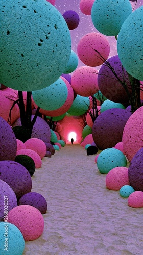 Vibrant scene with colorful spheres and a pathway in a fantastical setting at night