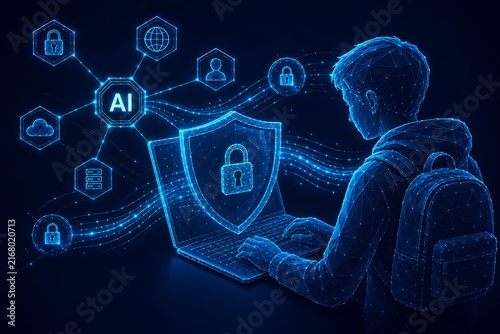 Digital student profile interacting with cybersecurity hologram interface. back to school with technology cybersecurity hologram interface technology. back to school with technology