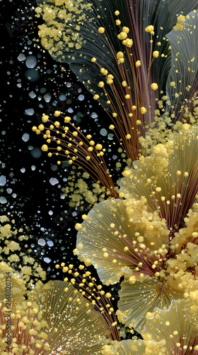 Bright abstact flowers with yellow details and soft patterns in a dark background wallpaper