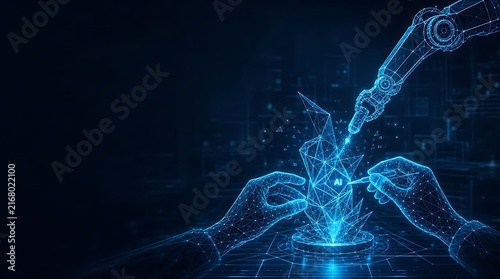 Robotic hands building a 3D model using advanced holographic projection. back to school with technology projection hologram building technology. back to school with technology