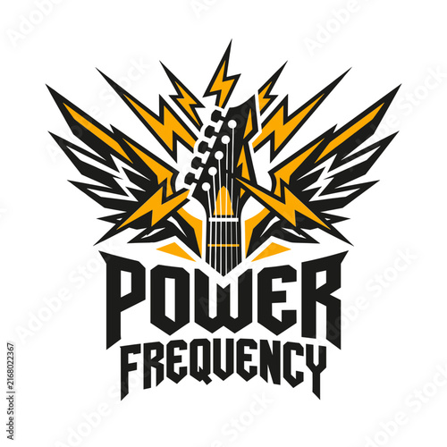 Power frequency heavy metal rock music logo emblem with electric guitar and lightning bolts.